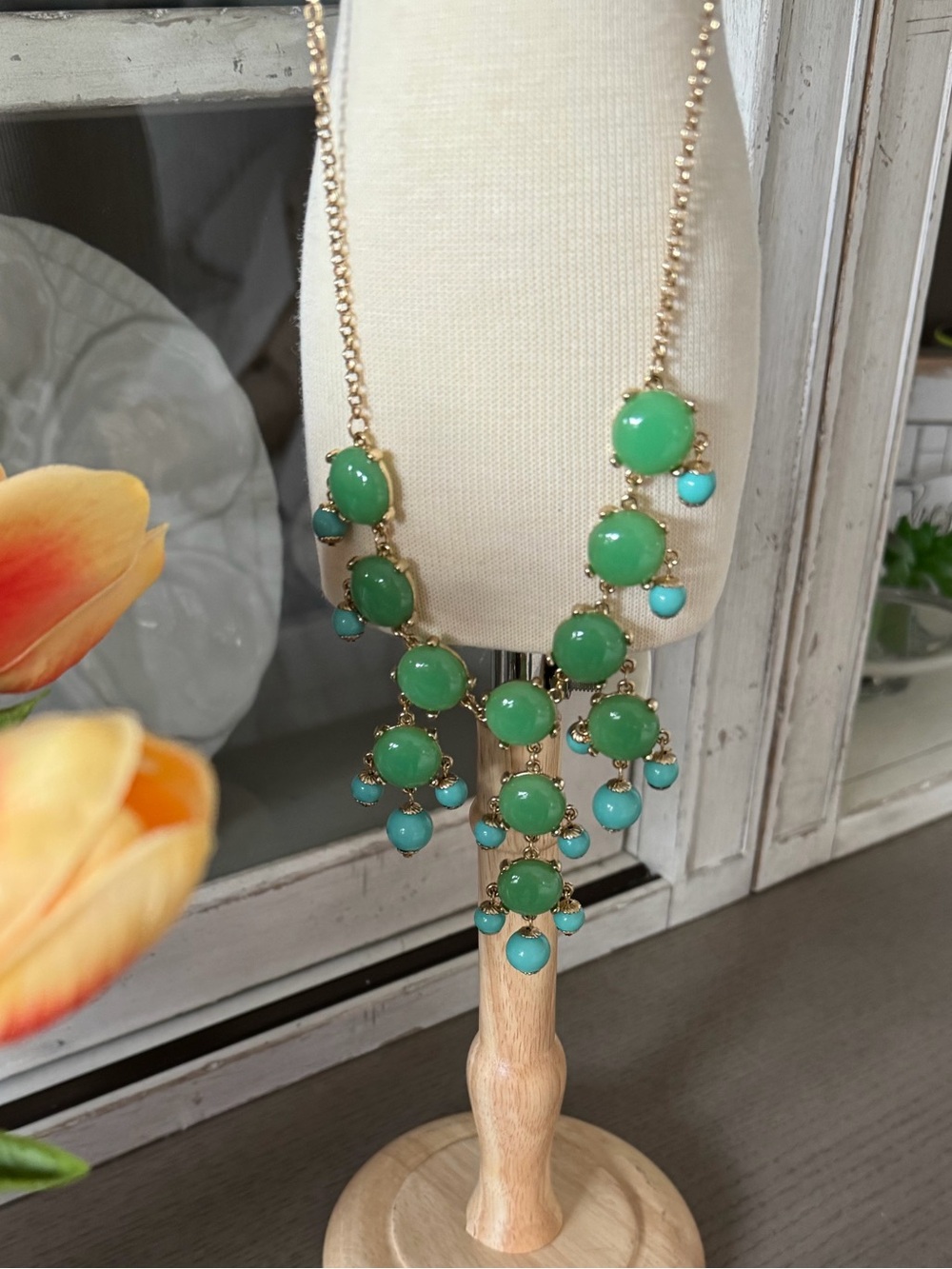 Green and Turquoise Statement Bib Necklace - Women Jewelry